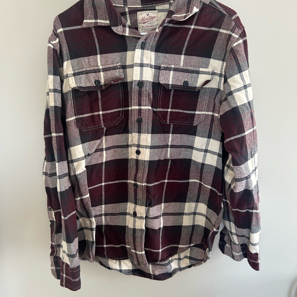 American Eagle Outfitters Maroon and White Plaid Shirt